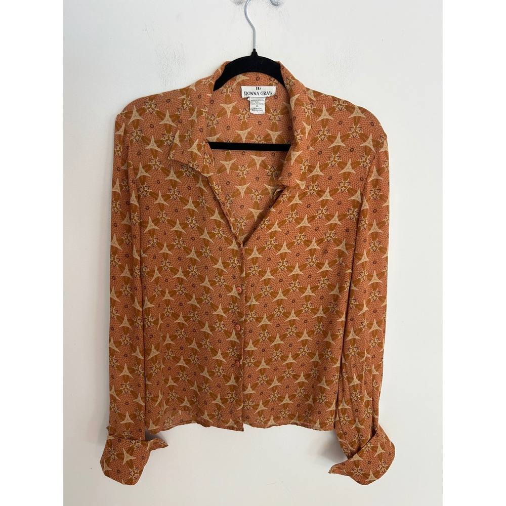 Donna Gray Womens XL Orange Geometric Kaleidoscope Print Button Front Blouse Top